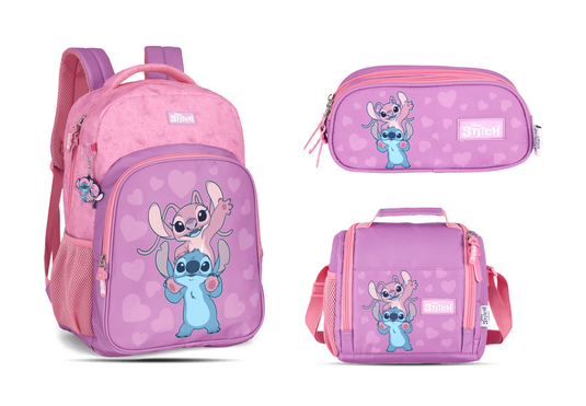 Kit Escolar Costas Juvenil Stitch Estojo Triplo - Rosa