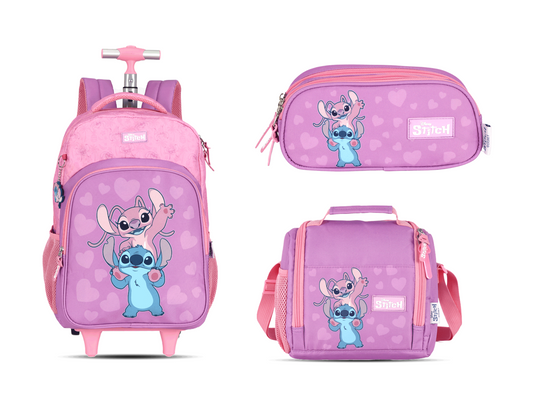 Kit Escolar Rodinha Juvenil Stitch Estojo Triplo - Rosa
