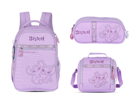 Kit Escolar Costas Juvenil Stitch Estojo Triplo - Violeta