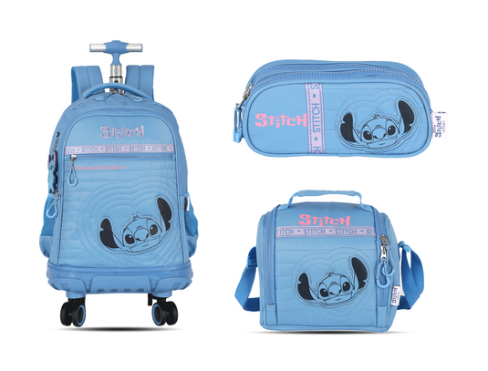 Kit Escolar Rodinha Juvenil Stitch Estojo Triplo - Azul (MC50932SC)