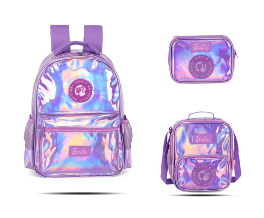 Kit Escolar Costas Infantil Barbie Holográfico Estojo Box - Roxo