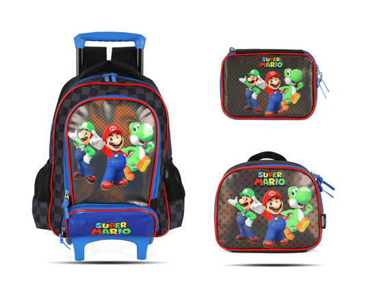 Kit Escolar Rodinha Infantil Super Mario Estojo Box - Preto
