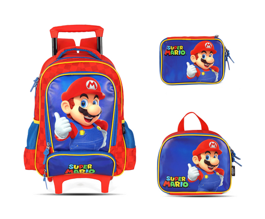 Kit Escolar Rodinha Infantil Super Mario Estojo Box - Vermelho