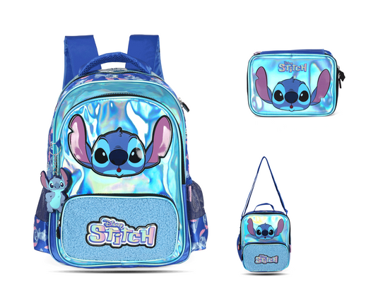 Kit Escolar Costas Infantil Stitch Holográfico Estojo Box - Azul