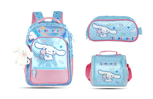 Kit Escolar Costas Infantil Cinnamoroll Holográfico Estojo Triplo - Azul