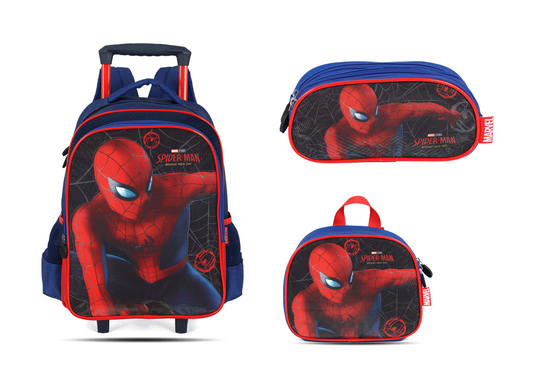 Kit Escolar Rodinha Infantil Homem-Aranha Filme Estojo Triplo - Azul