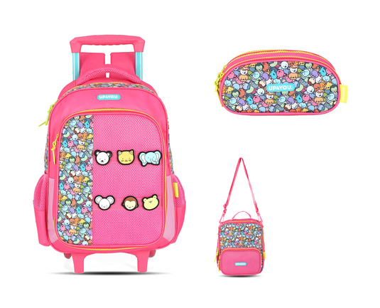 Kit Escolar Rodinha Infantil Bichinhos Estojo Triplo - Pink