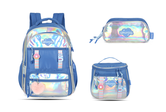 Kit Escolar Costas Infantil Holográfico Estojo Triplo - Azul