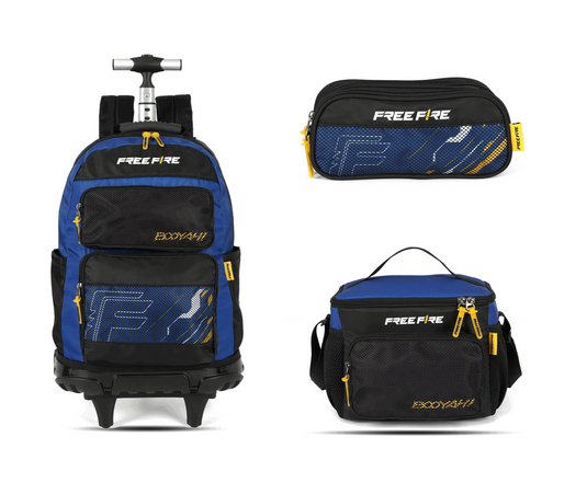 Kit Escolar Rodinha Juvenil Free Fire Estojo Triplo - Azul