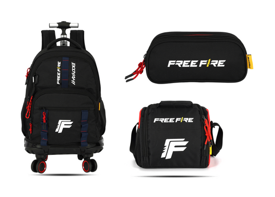 Kit Escolar Rodinha Juvenil Free Fire Estojo Triplo - Preto (MC50687FF)