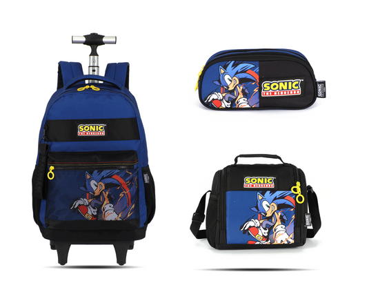 Kit Escolar Rodinha Juvenil Sonic Estojo Triplo - Azul (MC50722SO)