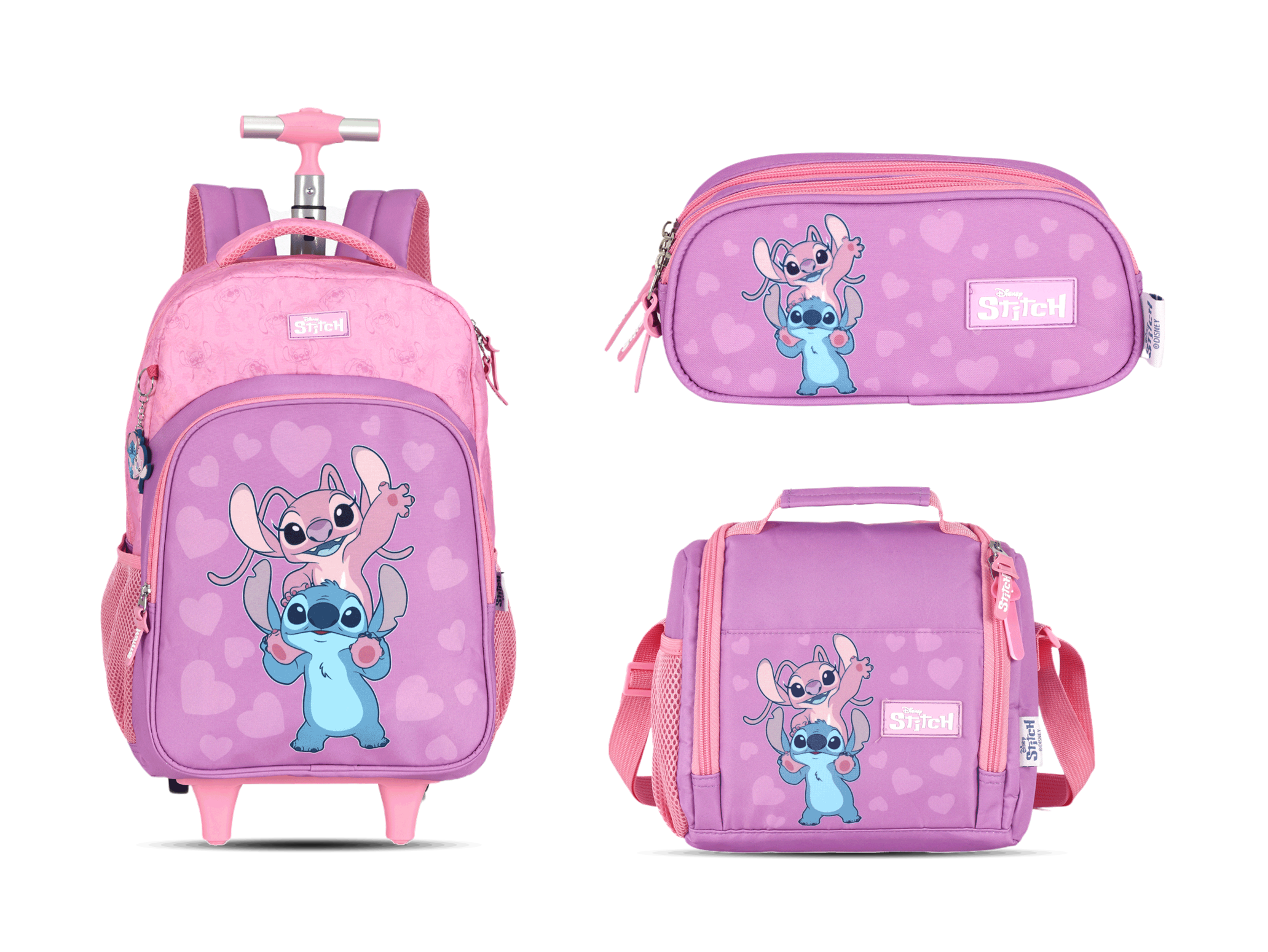 Kit Escolar Rodinha Juvenil Stitch Estojo Triplo - Rosa