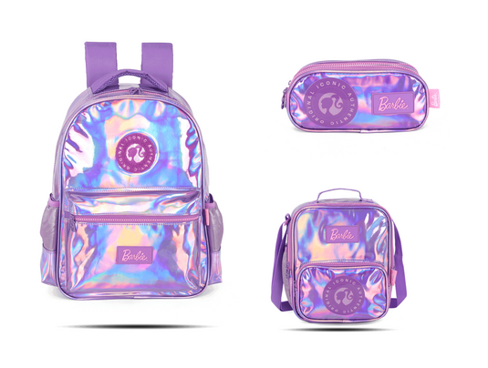 Kit Escolar Costas Infantil Barbie Holográfico Estojo Triplo - Roxo