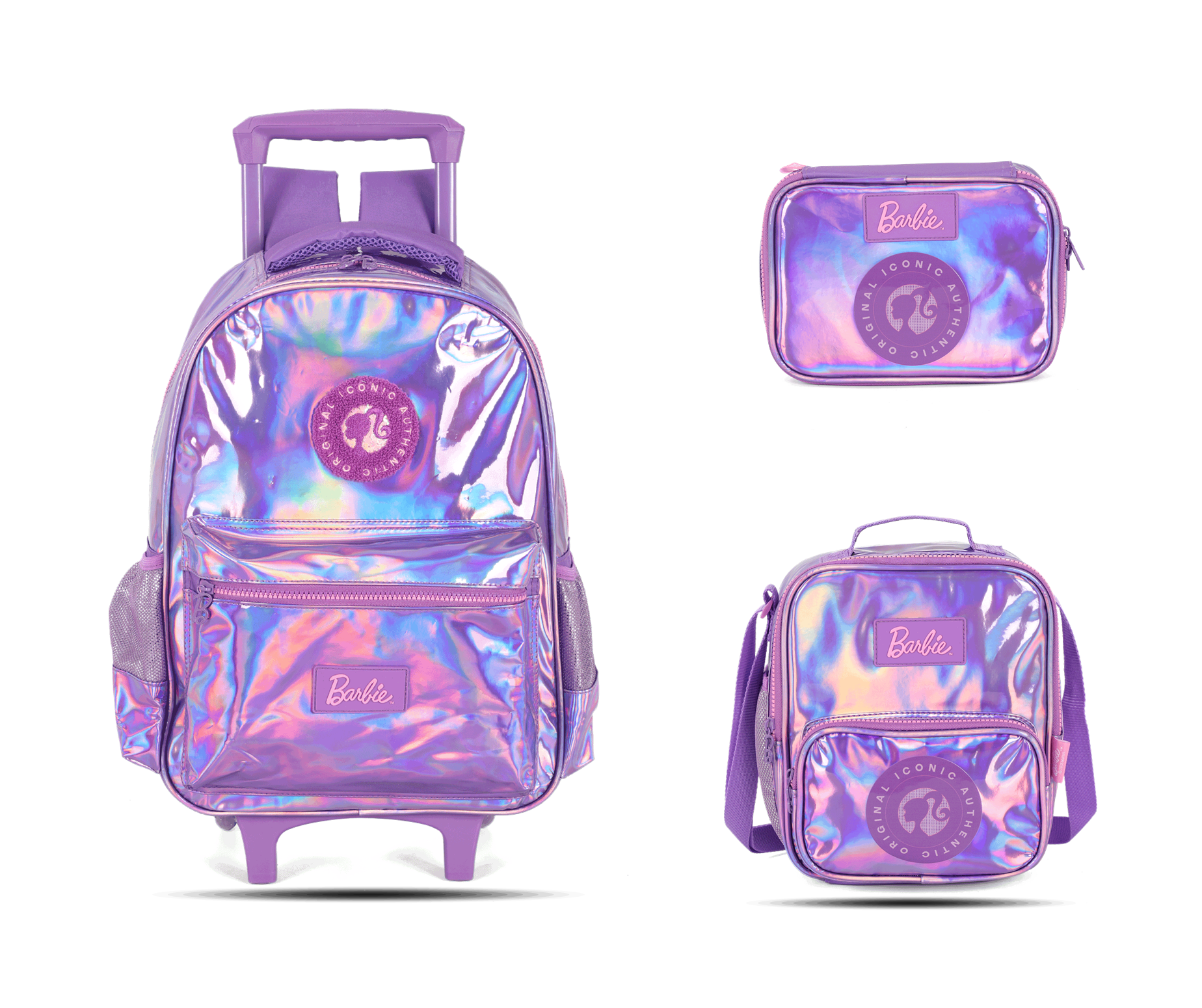 Kit Escolar Rodinha Infantil Barbie Holográfico Estojo Box - Roxo
