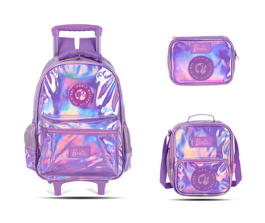 Kit Escolar Rodinha Infantil Barbie Holográfico Estojo Box - Roxo