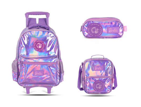Kit Escolar Rodinha Infantil Barbie Holográfico Estojo Triplo - Roxo