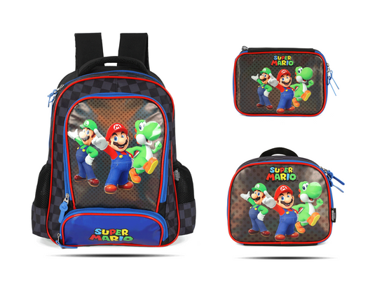 Kit Escolar Costas Infantil Super Mario Estojo Box - Preto