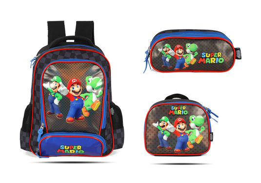 Kit Escolar Costas Infantil Super Mario Estojo Triplo - Preto