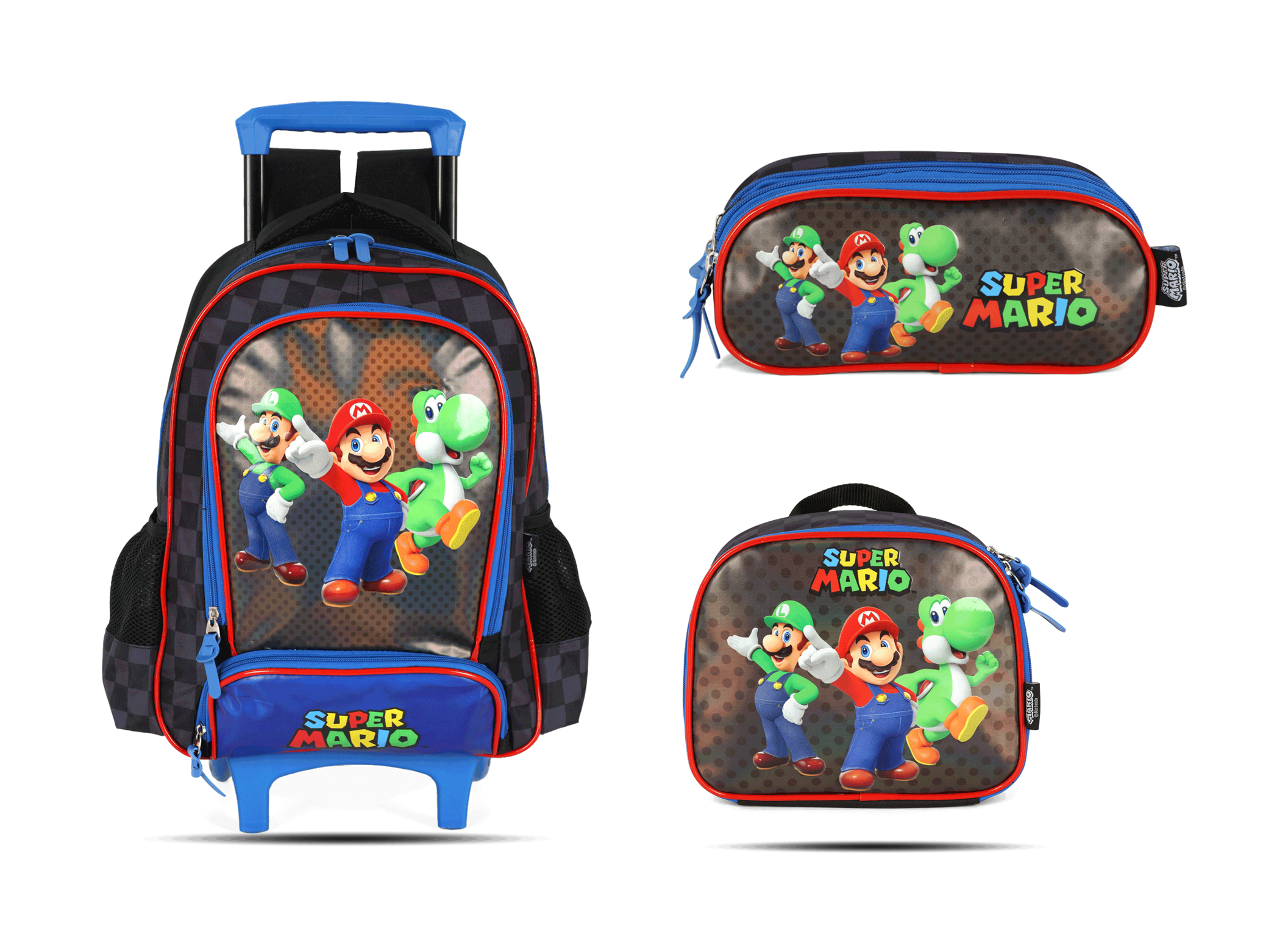 Kit Escolar Rodinha Infantil Super Mario Estojo Triplo - Preto