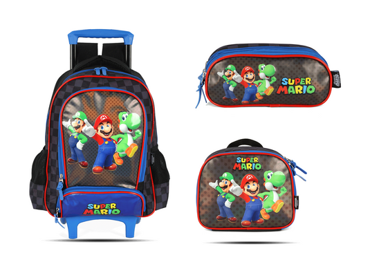 Kit Escolar Rodinha Infantil Super Mario Estojo Triplo - Preto