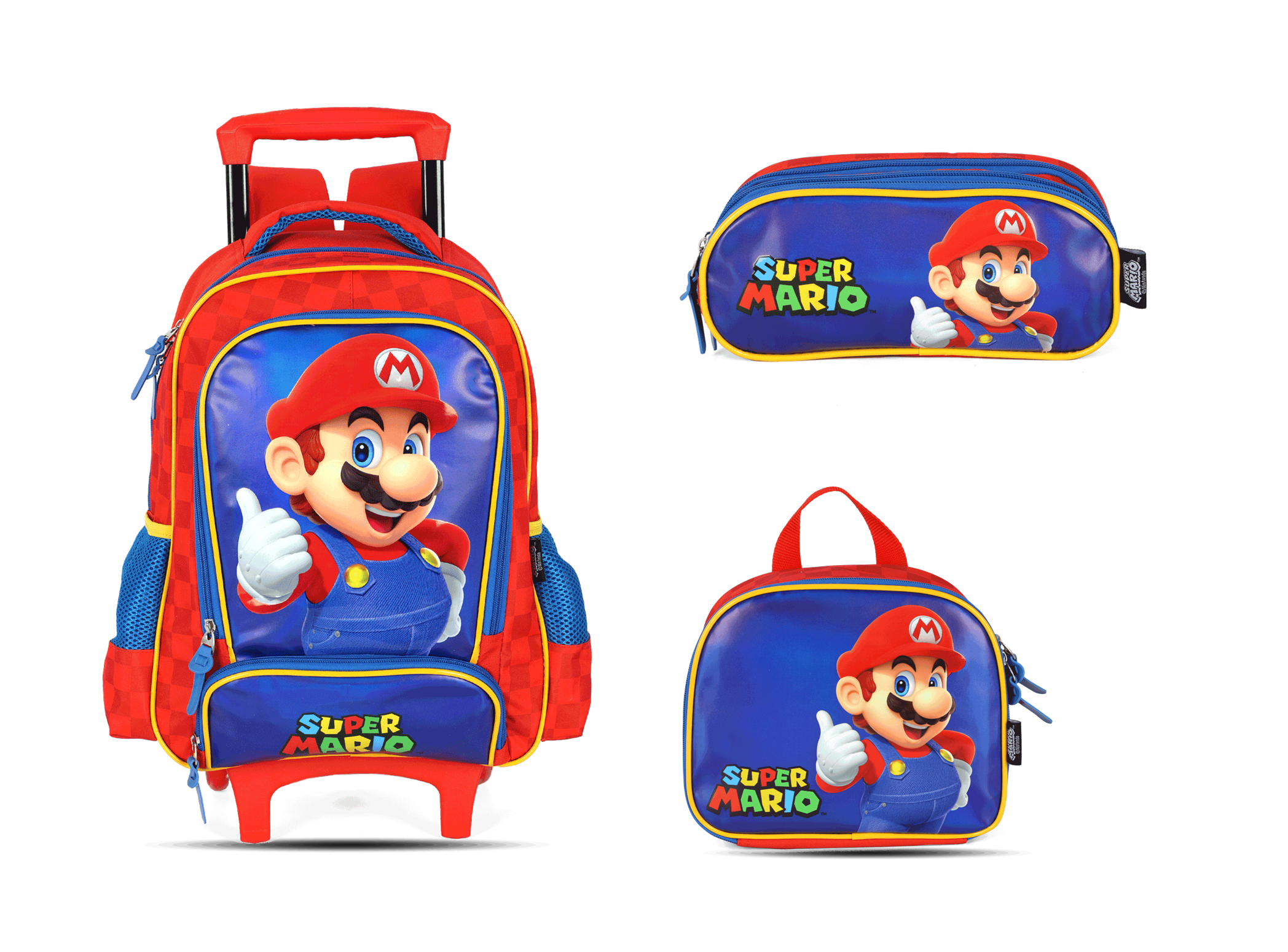 Kit Escolar Rodinha Infantil Super Mario Estojo Triplo - Vermelho