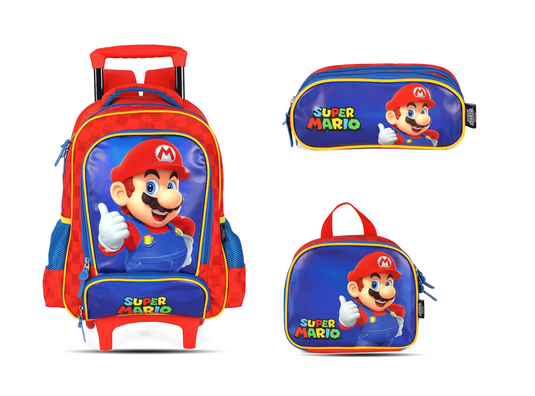 Kit Escolar Rodinha Infantil Super Mario Estojo Triplo - Vermelho