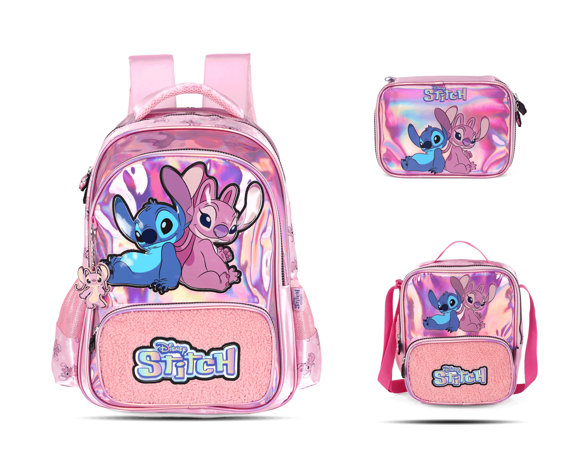 Kit Escolar Costas Infantil Stitch Holográfico Estojo Box - Rosa