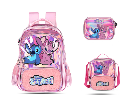 Kit Escolar Costas Infantil Stitch Holográfico Estojo Box - Rosa