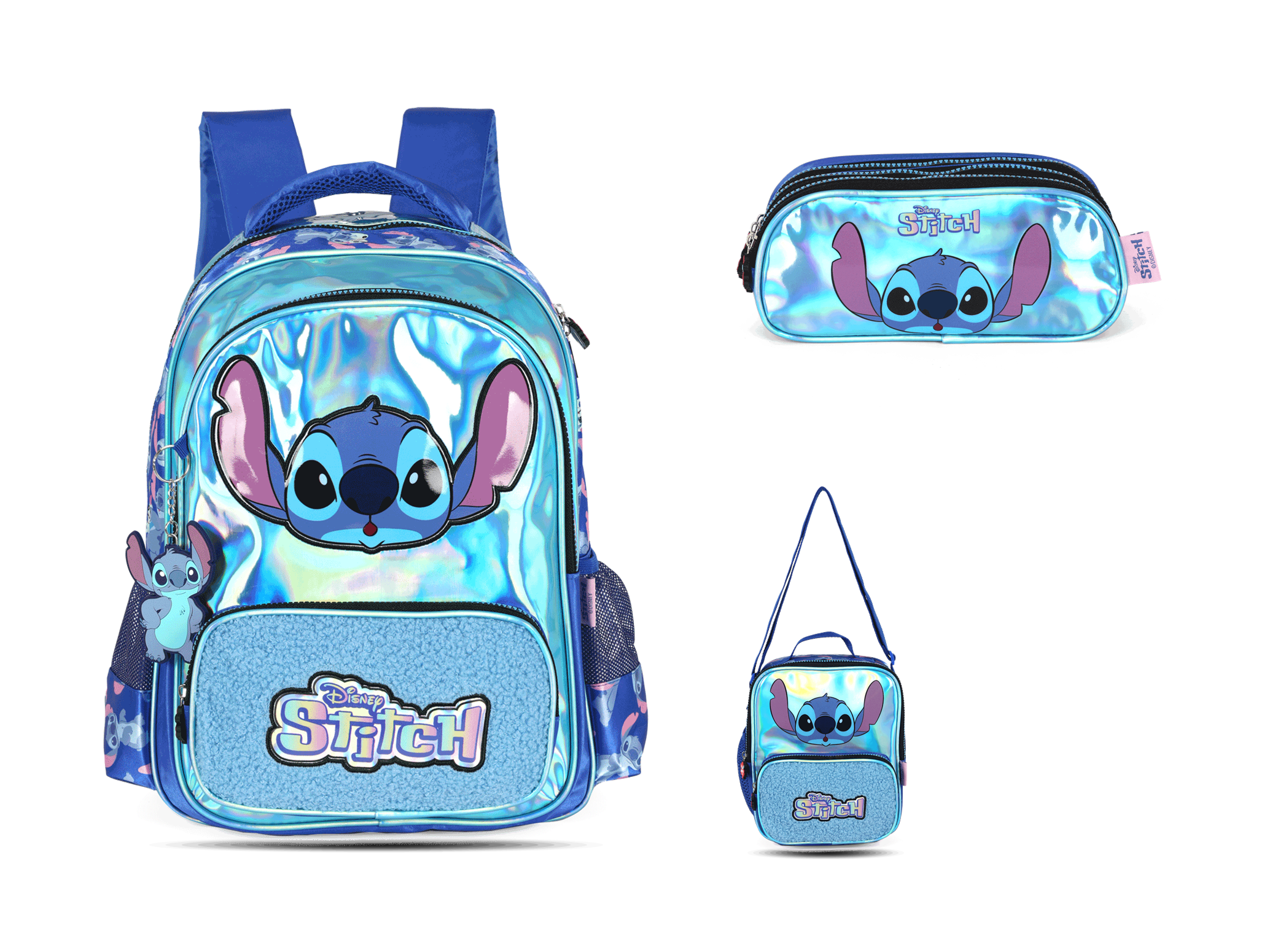 Kit Escolar Costas Infantil Stitch Holográfico Estojo Triplo - Azul