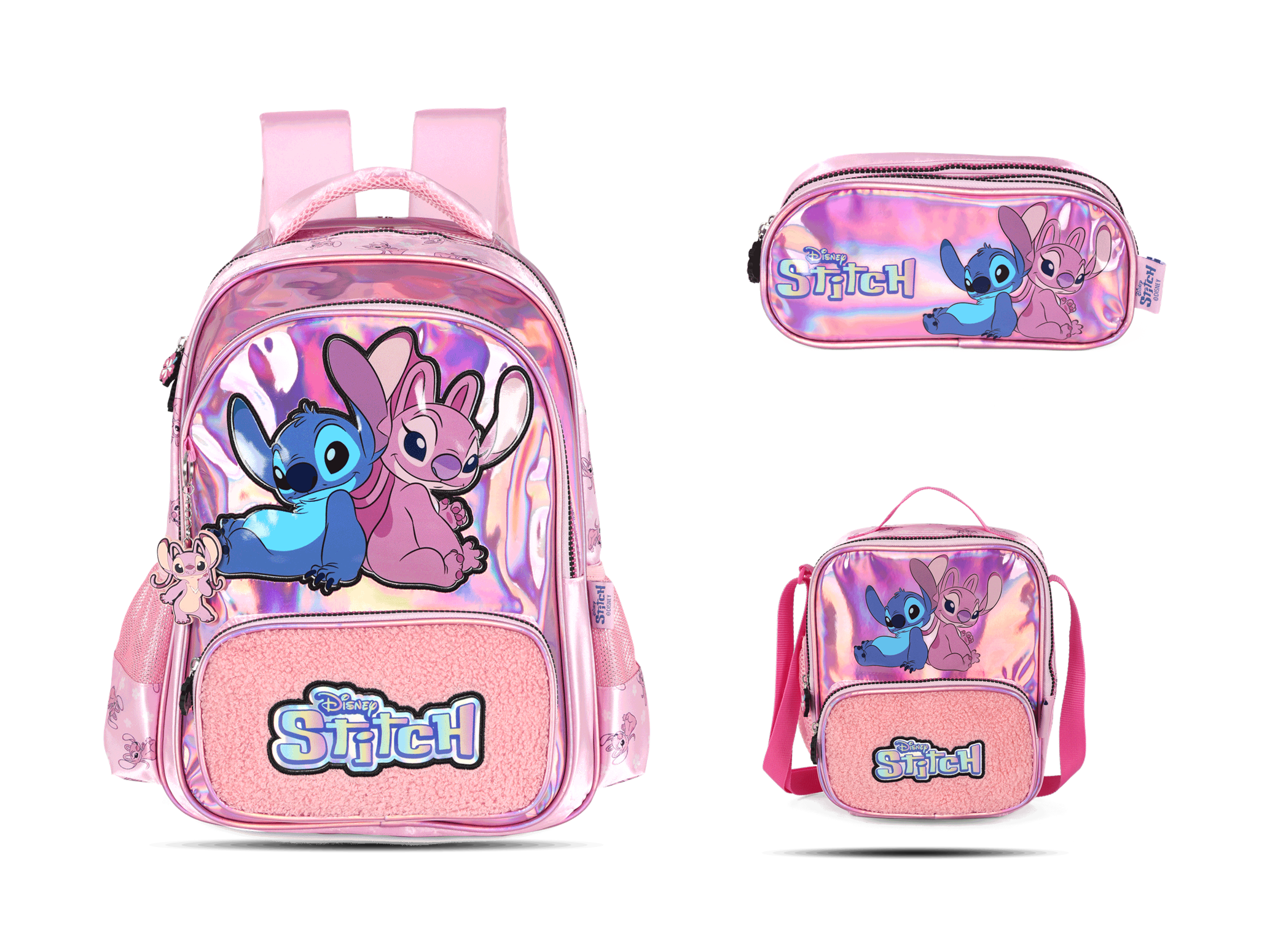 Kit Escolar Costas Infantil Stitch Holográfico Estojo Triplo - Rosa