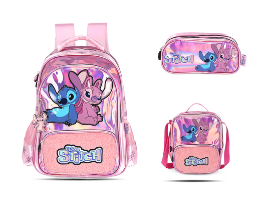 Kit Escolar Costas Infantil Stitch Holográfico Estojo Triplo - Rosa