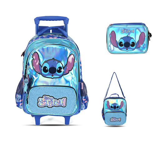 Kit Escolar Rodinha Infantil Stitch Holográfico Estojo Box - Azul