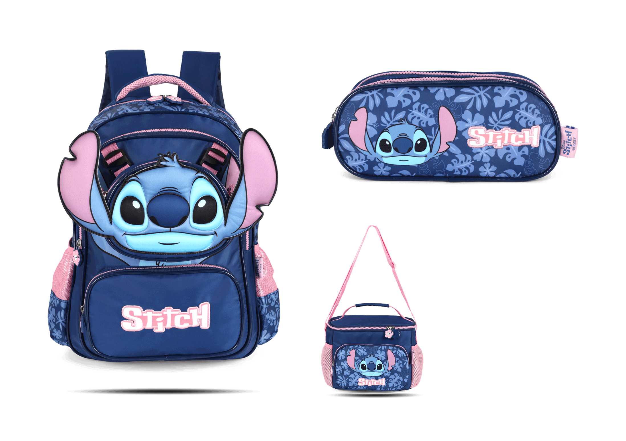 Kit Escolar Costas Infantil Stitch Estojo Triplo - Azul