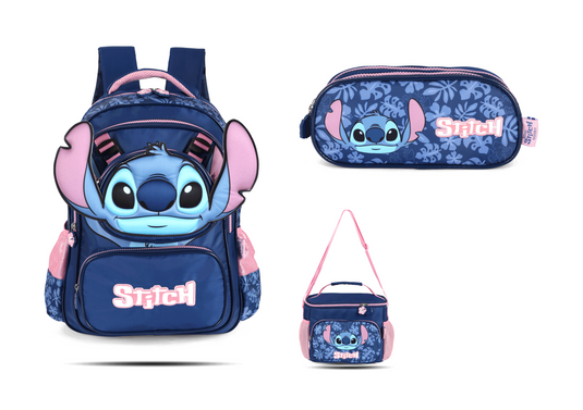 Kit Escolar Costas Infantil Stitch Estojo Triplo - Azul