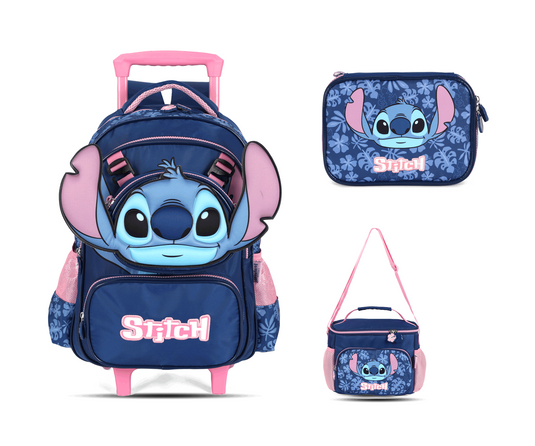 Kit Escolar Rodinha Infantil Stitch Estojo Box - Azul