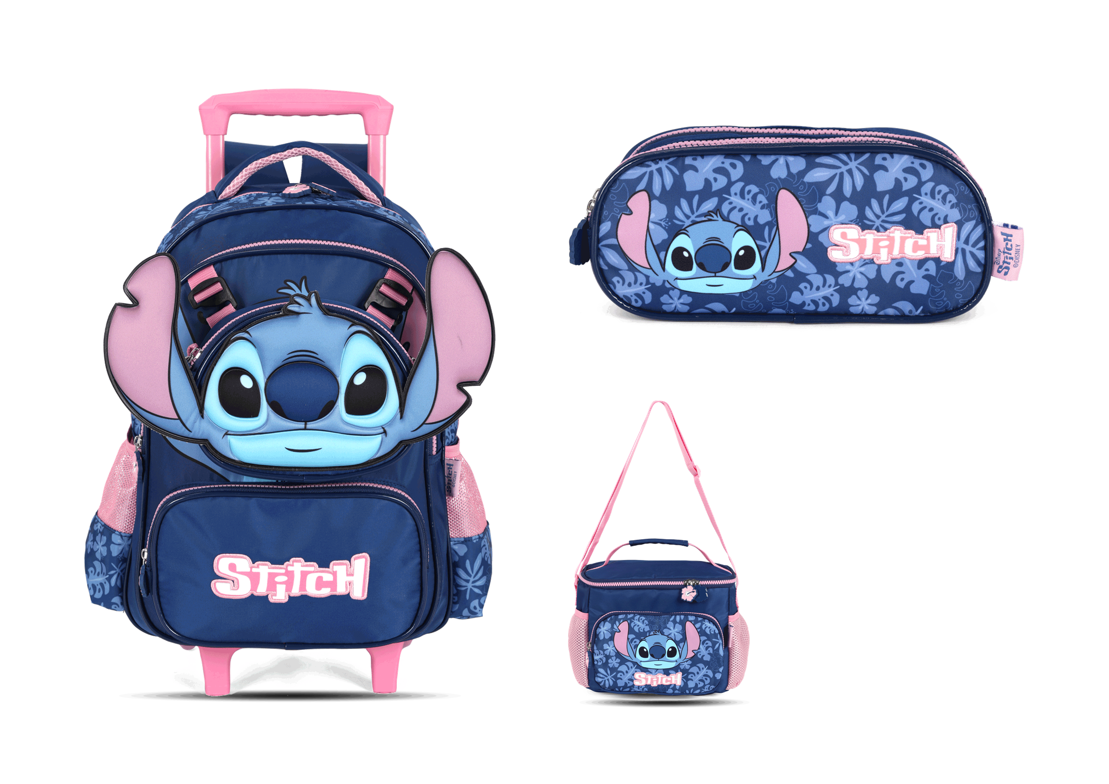 Kit Escolar Rodinha Infantil Stitch Estojo Triplo - Azul