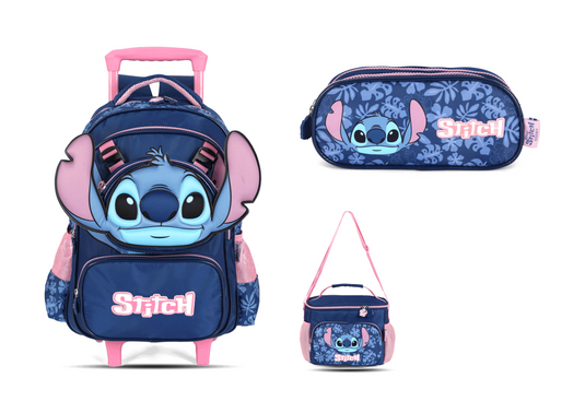 Kit Escolar Rodinha Infantil Stitch Estojo Triplo - Azul