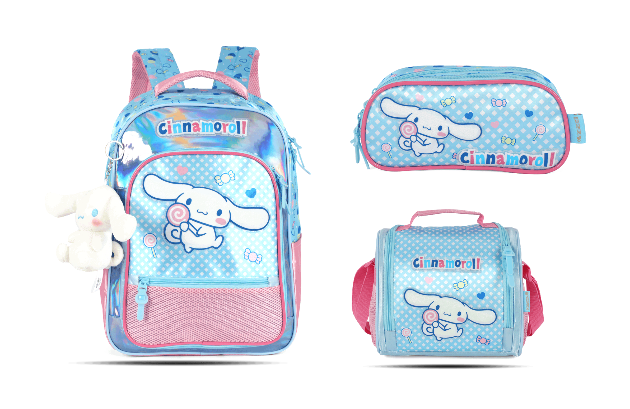 Kit Escolar Costas Infantil Cinnamoroll Holográfico Estojo Triplo - Azul