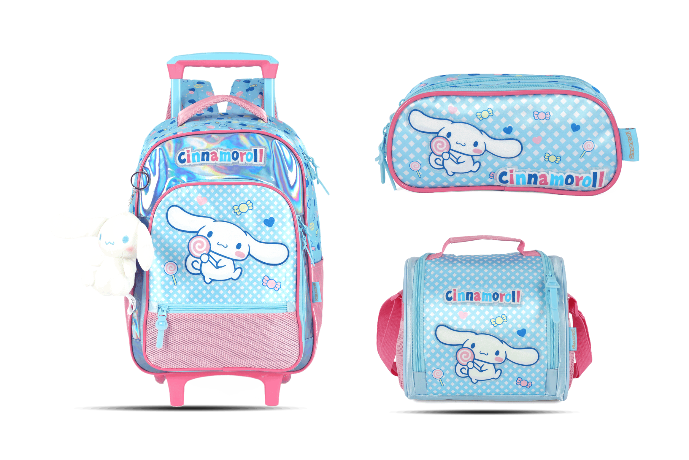 Kit Escolar Rodinha Infantil Cinnamoroll Holográfico Estojo Triplo - Azul