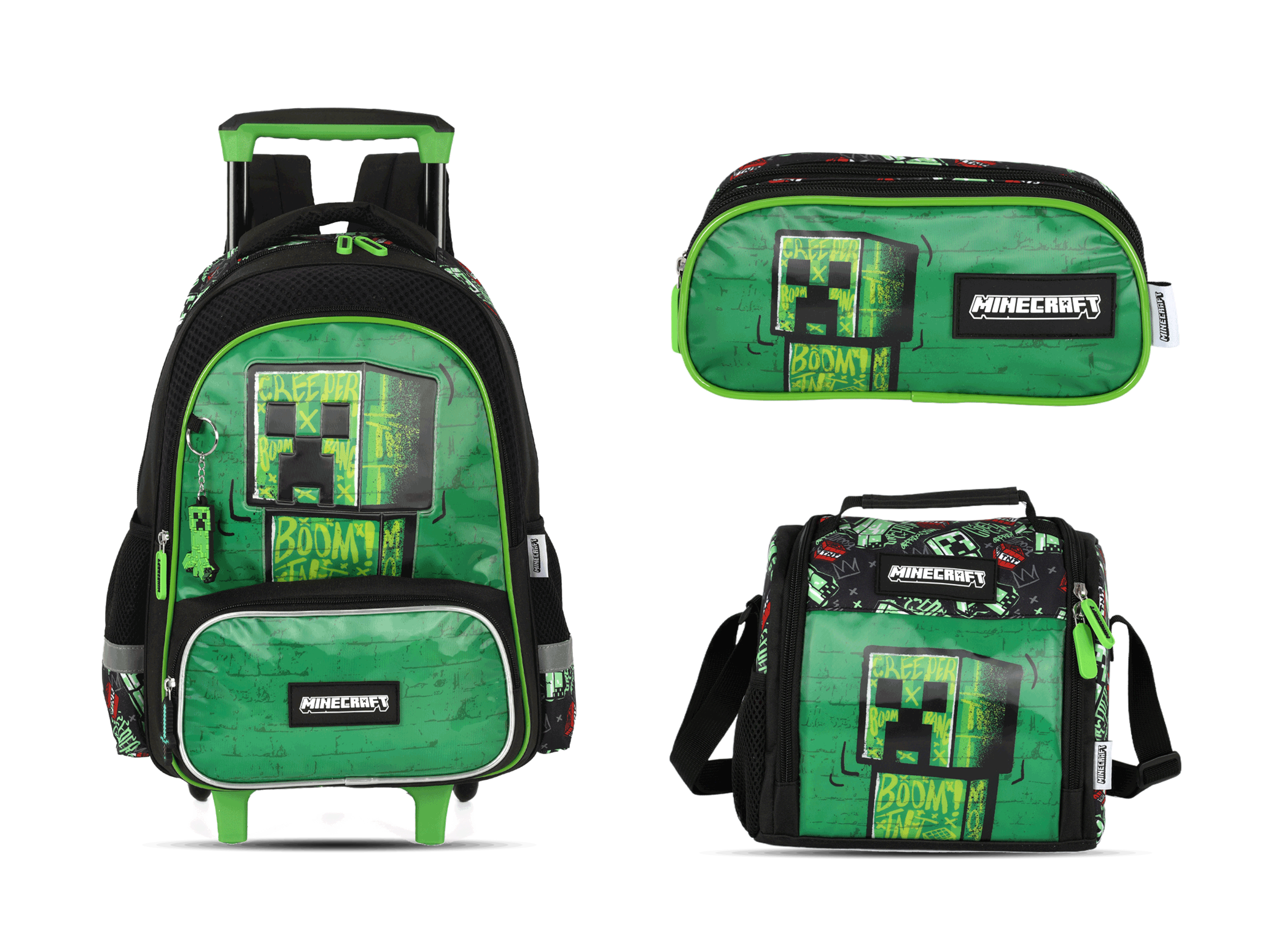 Kit Escolar Rodinha Infantil Minecraft Estojo Triplo - Verde (IC43732MC)