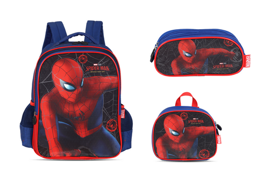 Kit Escolar Costas Infantil Homem-Aranha Filme Estojo Triplo - Azul