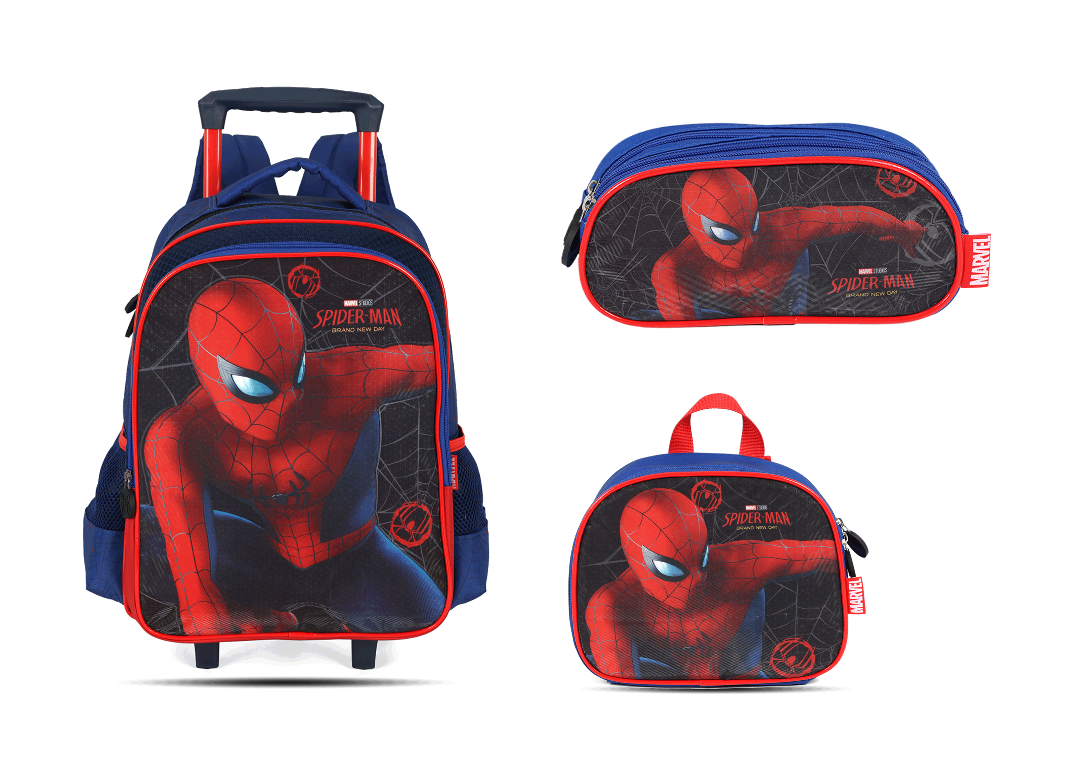 Kit Escolar Rodinha Infantil Homem-Aranha Filme Estojo Triplo - Azul