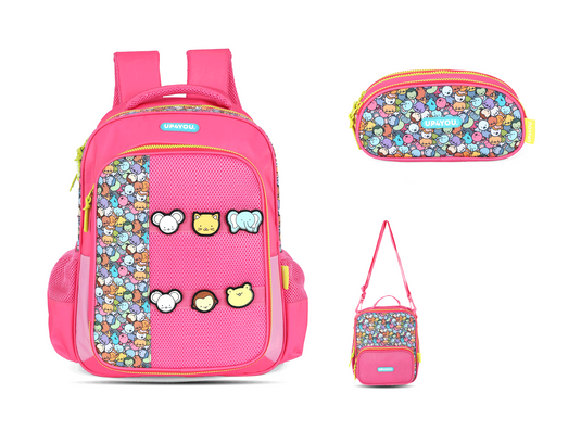 Kit Escolar Costas Infantil Bichinhos Estojo Triplo - Pink