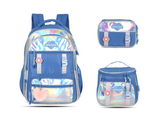 Kit Escolar Costas Infantil Holográfico Estojo Box - Azul