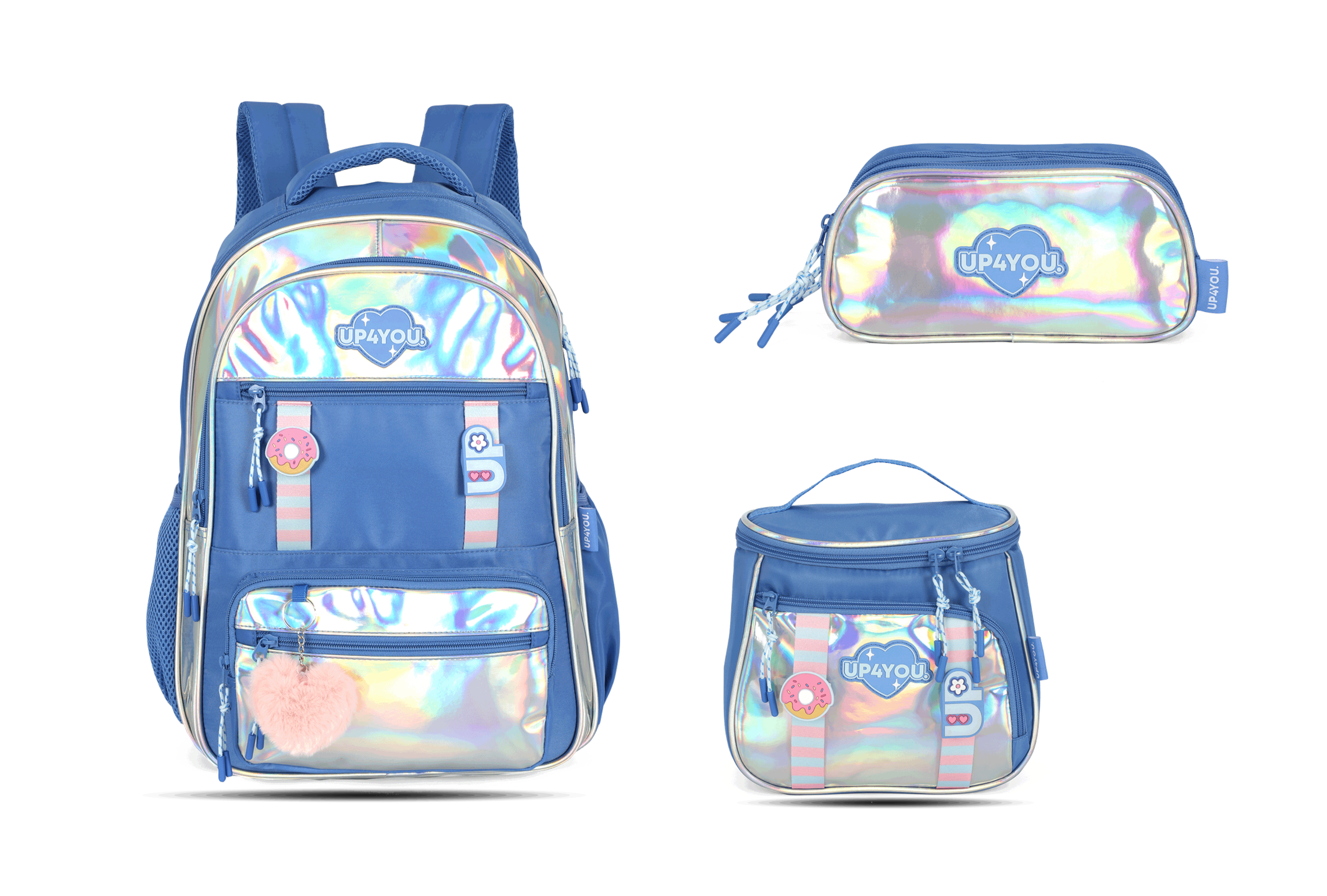 Kit Escolar Costas Infantil Holográfico Estojo Triplo - Azul