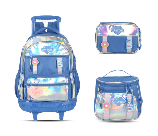 Kit Escolar Rodinha Infantil Holográfico Estojo Box - Azul
