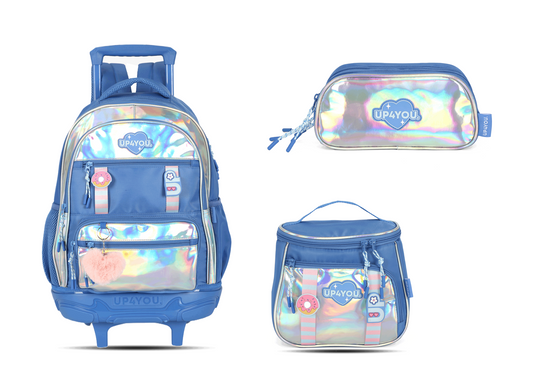 Kit Escolar Rodinha Infantil Holográfico Estojo Triplo - Azul