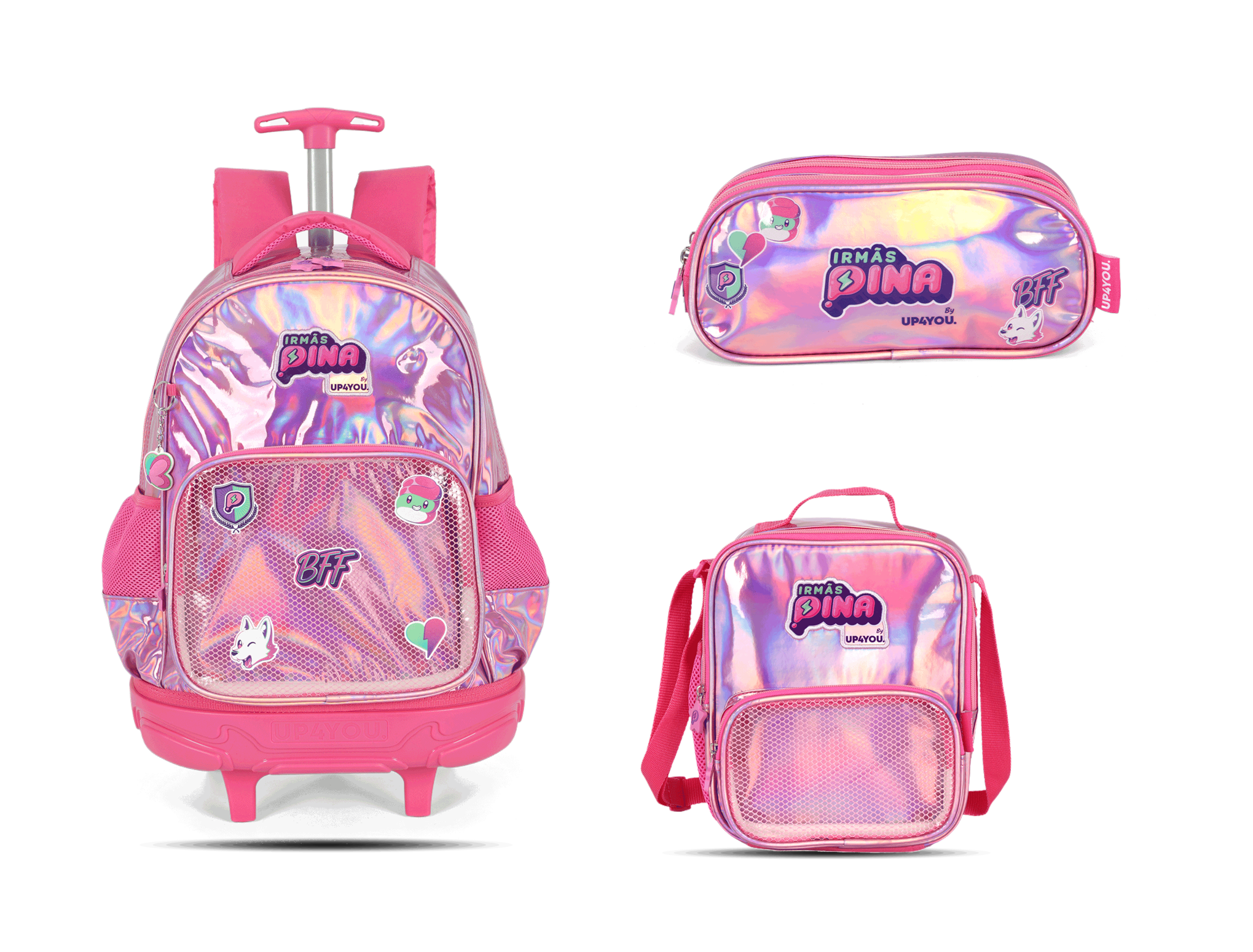Kit Escolar Rodinha Infantil Irmãs Pina BFF Holográfica Estojo Triplo - Rosa