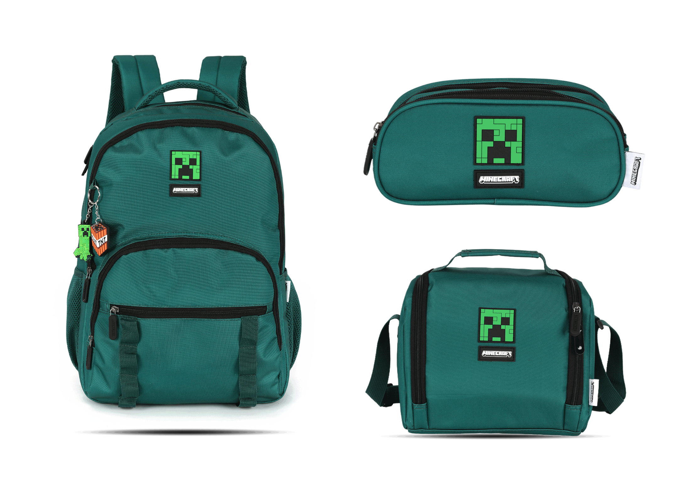 Kit Escolar Costas Juvenil Minecraft Survivor - Verde: mochila, lancheira térmica e estojo triplo